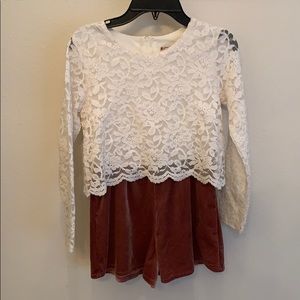 Girls Adorable Lace and crushed velvet romper